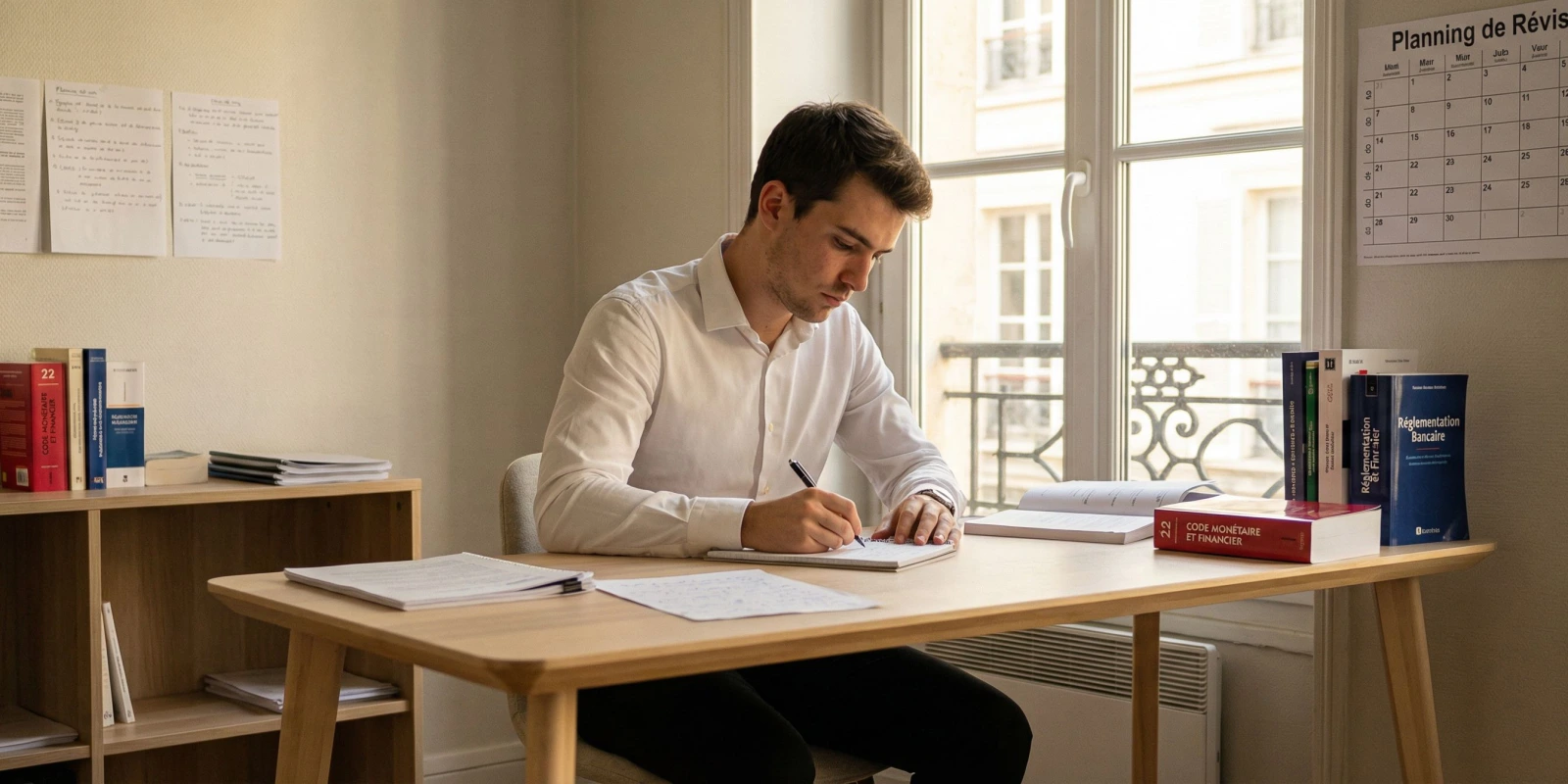 7 Astuces pour Améliorer ses Révisions en BTS Banque Étudiant en BTS Banque révisant efficacement avec méthodes de mémorisation et planning organisé