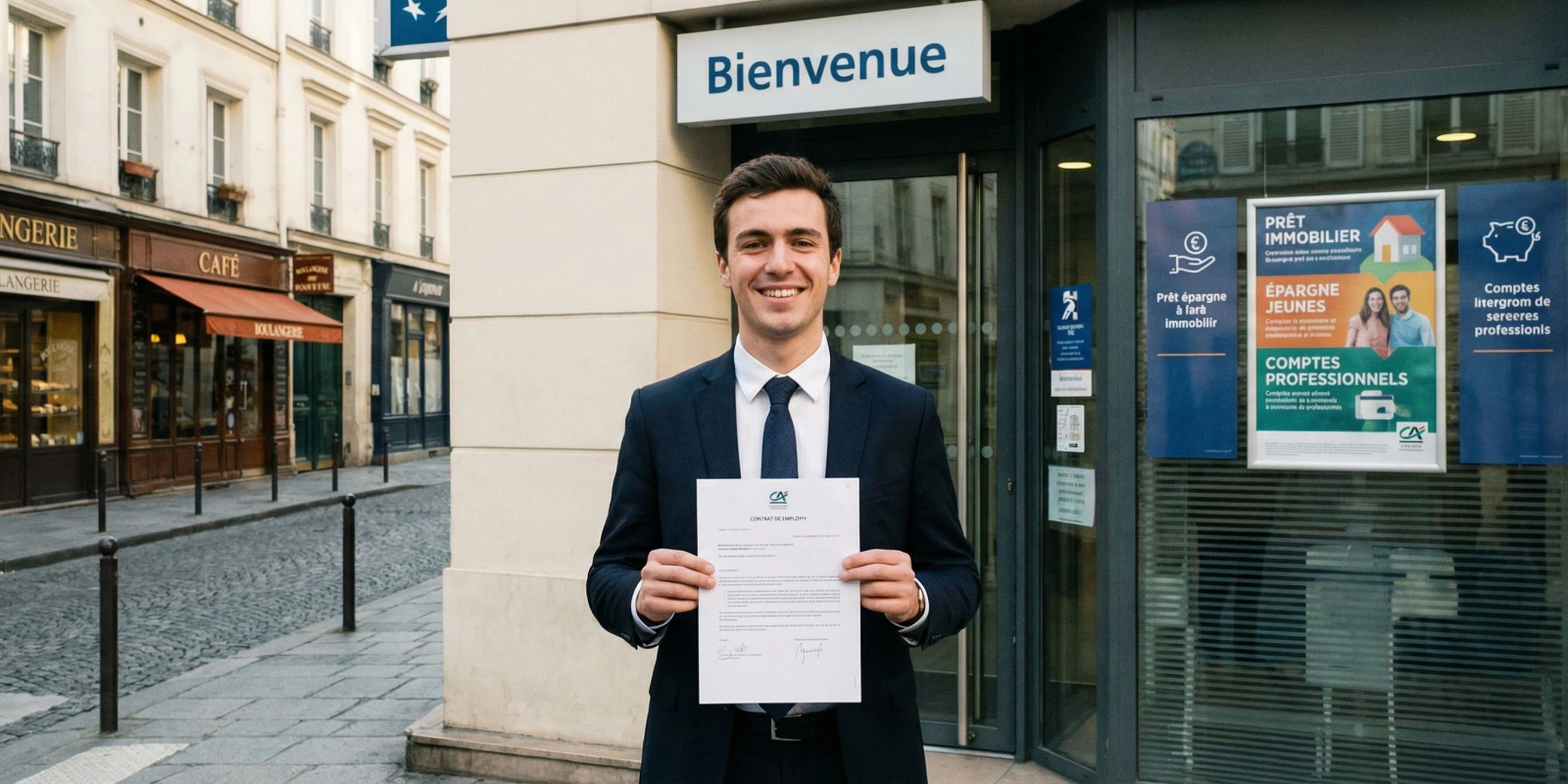 BTS Banque : Quel Salaire en Alternance en 2026 ? Jeune alternant en costume devant une agence bancaire, souriant avec son contrat