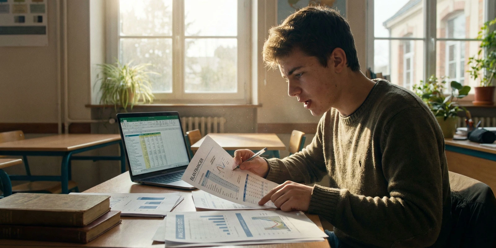 BTS Banque : Épreuve Orale d'Anglais 2026 – Déroulement & Conseils Étudiant en BTS Banque préparant son exposé oral d'anglais avec documents financiers