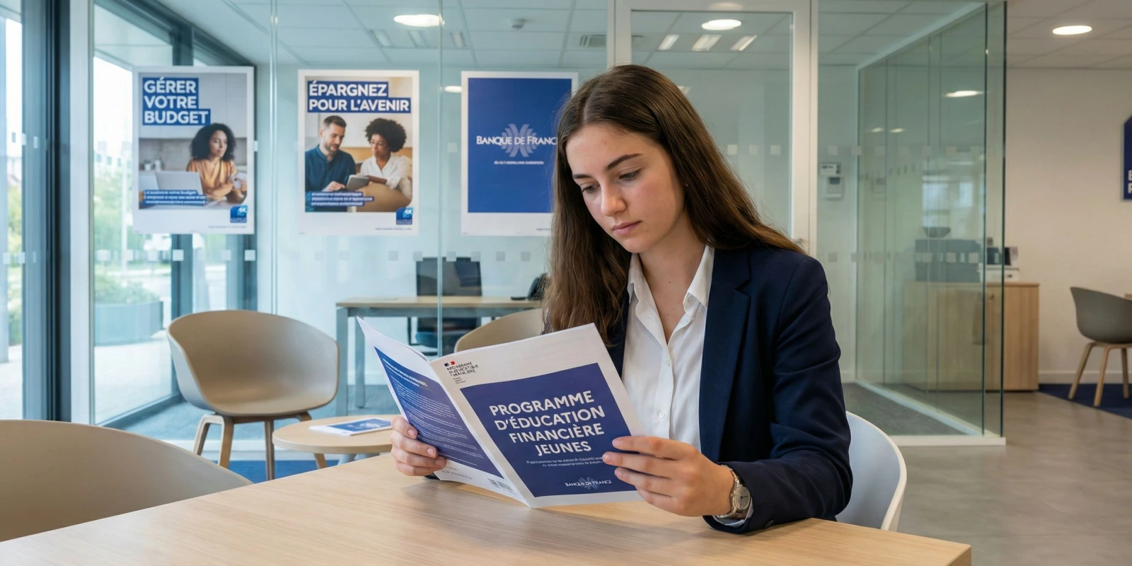 BTS Banque 2026 : Programme, Matières et Épreuves Étudiante en BTS Banque consultant un document de programme officiel dans une agence bancaire moderne