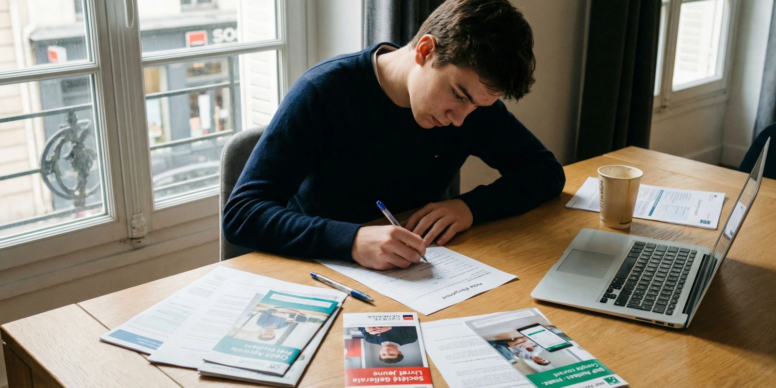 Fiche 5 BTS Banque 2026 : Méthodologie et Exemple Étudiant en BTS Banque rédigeant sa fiche d'engagement sur un bureau avec documents bancaires